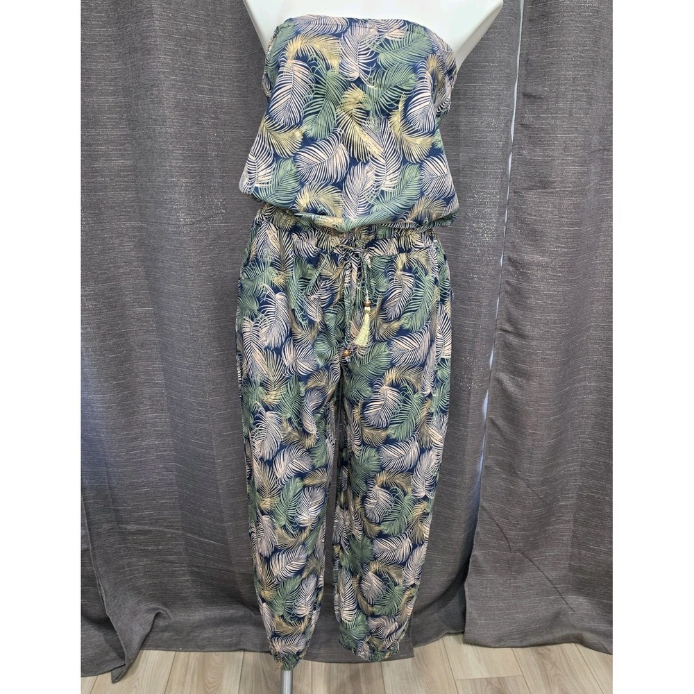 Blue Island Jumpsuit Romper Strapless Palm‎ Leaf Navy Blue Pink Gold Green Lg